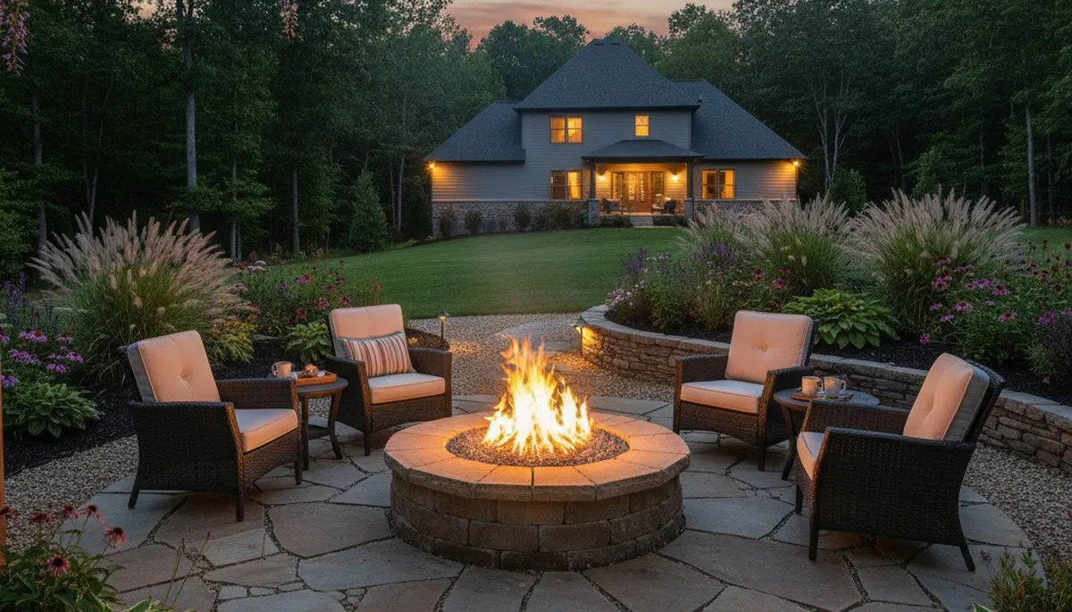 Fire pit patio with paver seating and native landscaping in Reed, KY by Evansville IN landscaping experts