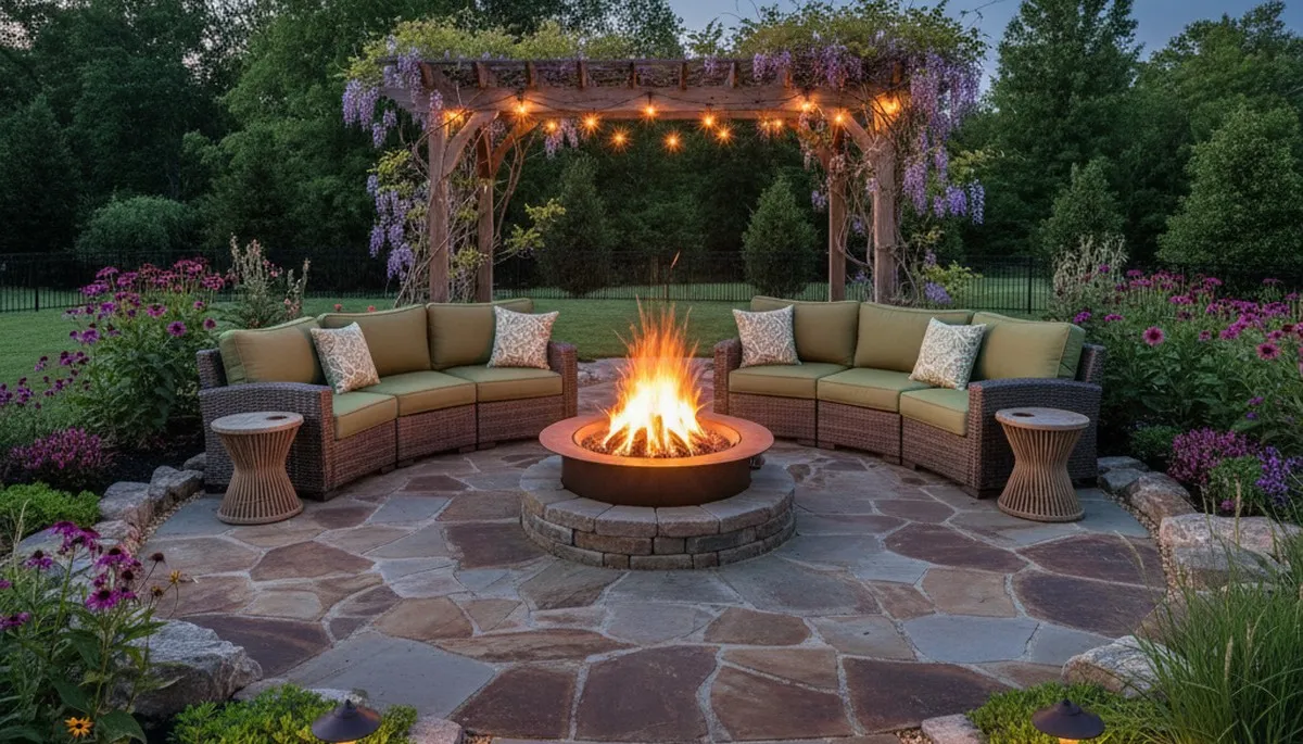Custom fire pit patio with seating and lighting by Evansville landscaping pros in Spottsville, KY