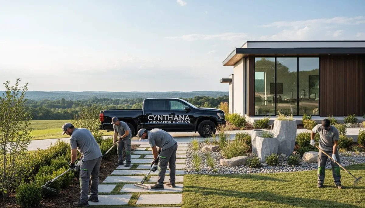 Landscaping team providing lawn care and yard maintenance in Evansville, IN