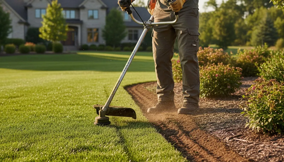 Technician edging lawn with string trimmer for precise borders in Evansville, IN landscaping service