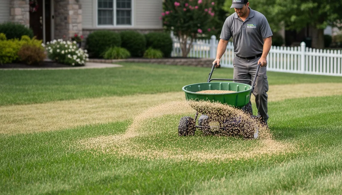 Lawn care technician applying fertilizer with spreader in Evansville, IN for Chop Chop Landscaping